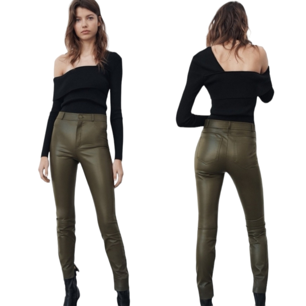 Zara Faux Leather Olive Green Skinny Pants Size S